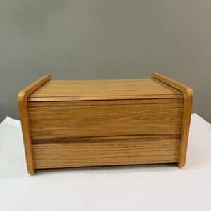 Wood Box Roll Top Tambour Door 14 x 9 x 6 Organize Cubby Sliding Oak Storage